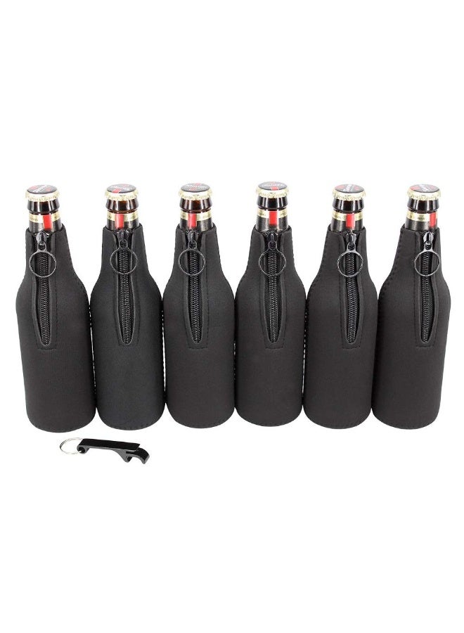 sunkey Beer Bottle Insulator Sleeves 6 Pack Neoprene Beer Bottle Covers with Ring Zipper Bottle Opener for 12 oz/330 ml Bottles (Black) - Image 1